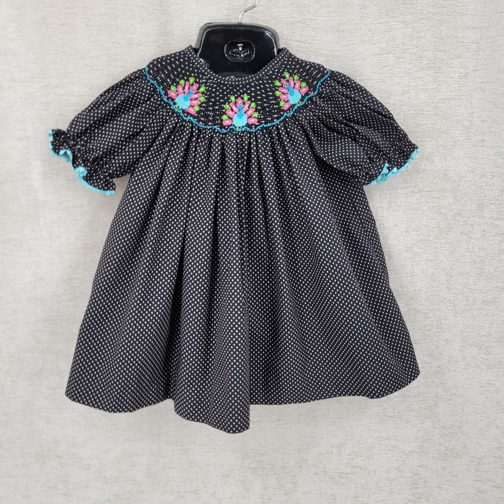 Stellybelly Turkey Thanksgiving Smocked Black Polka Dot Ricrac Trim Girls' Top